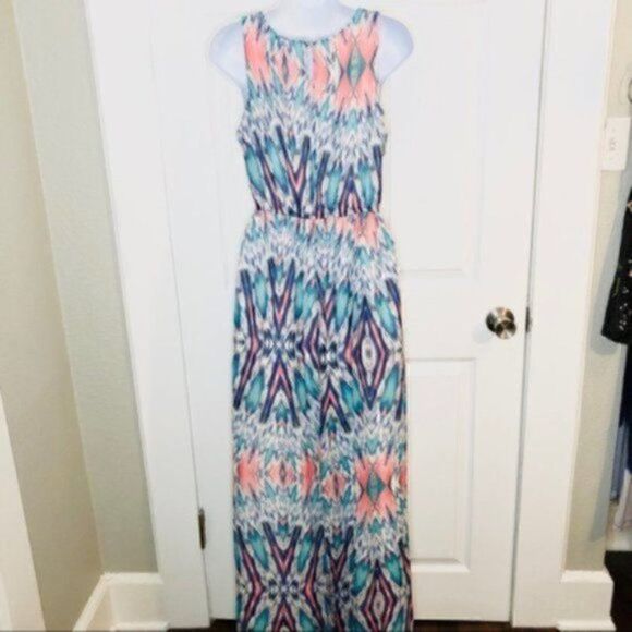 Lily Rose Tribal Ikat Crochet Lace Maxi Dress Teal S - Picture 6 of 8